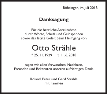 Traueranzeige von Otto Strähle von Metzinger-Uracher Volksblatt