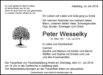 Traueranzeige von Peter Wesselky von NWZ Neue Württembergische Zeitung