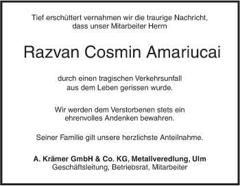 Traueranzeige von Razvan Cosmin Amariucai von SÜDWEST PRESSE Ausgabe Ulm/Neu-Ulm