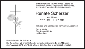 Traueranzeige von Renate Scherzer von Illertal Bote