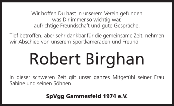 Traueranzeige von Robert Birghan von Hohenloher Tagblatt