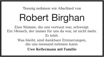 Traueranzeige von Robert Birghan von Hohenloher Tagblatt