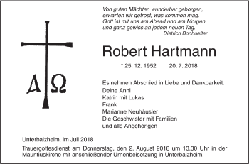 Traueranzeige von Robert Hartmann von Illertal Bote