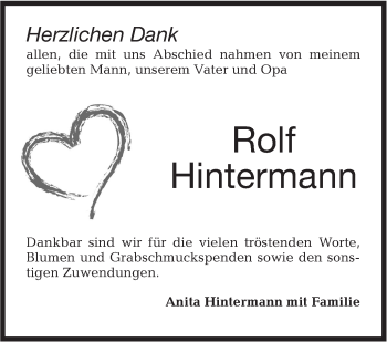 Traueranzeige von Rolf Hintermann von Hohenloher Tagblatt