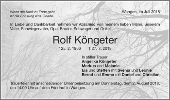 Traueranzeige von Rolf Köngeter von NWZ Neue Württembergische Zeitung