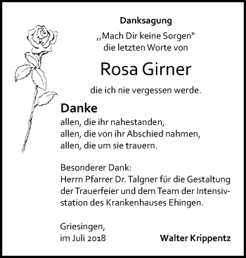 Traueranzeige von Rosa Girner von Ehinger Tagblatt