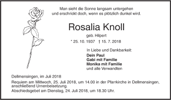 Traueranzeige von Rosalia Knoll von SÜDWEST PRESSE Ausgabe Ulm/Neu-Ulm