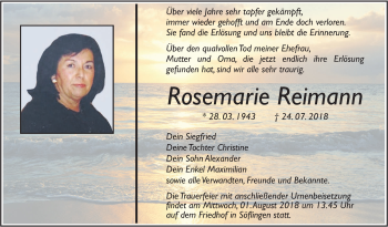 Traueranzeige von Rosemarie Reimann von SÜDWEST PRESSE Ausgabe Ulm/Neu-Ulm