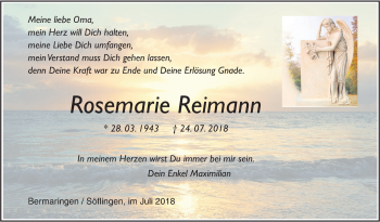 Traueranzeige von Rosemarie Reimann von SÜDWEST PRESSE Ausgabe Ulm/Neu-Ulm