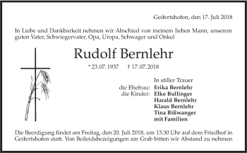 Traueranzeige von Rudolf Bernlehr von Haller Tagblatt