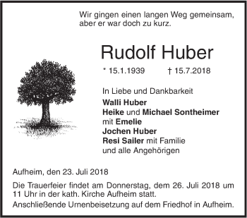 Traueranzeige von Rudolf Huber von SÜDWEST PRESSE Ausgabe Ulm/Neu-Ulm