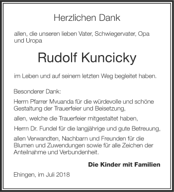 Traueranzeige von Rudolf Kuncicky von Ehinger Tagblatt