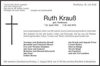 Traueranzeige von Ruth Krauß von Hohenloher Tagblatt