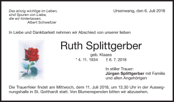 Traueranzeige von Ruth Splittgerber von NWZ Neue Württembergische Zeitung