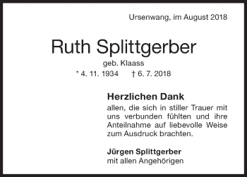 Traueranzeige von Ruth Splittgerber von NWZ Neue Württembergische Zeitung