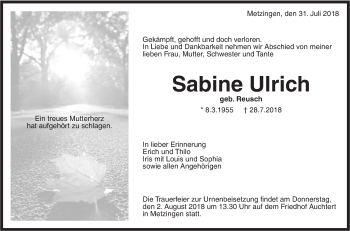 Traueranzeige von Sabine Ulrich von Metzinger-Uracher Volksblatt