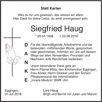 Traueranzeige von Siegfried Haug von SÜDWEST PRESSE Ausgabe Ulm/Neu-Ulm