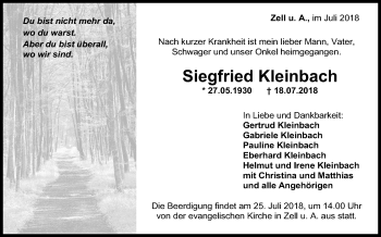 Traueranzeige von Siegfried Kleinbach von NWZ Neue Württembergische Zeitung