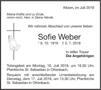 Traueranzeige von Sofie Weber von NWZ Neue Württembergische Zeitung