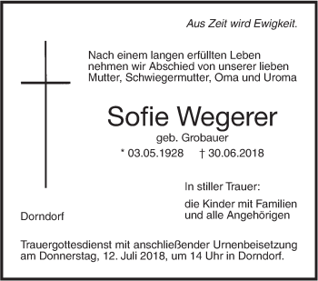 Traueranzeige von Sofie Wegerer von Illertal Bote