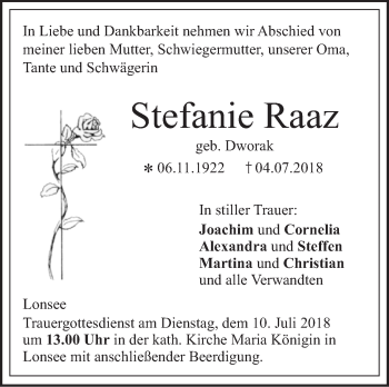 Traueranzeige von Stefanie Raaz von SÜDWEST PRESSE Ausgabe Ulm/Neu-Ulm