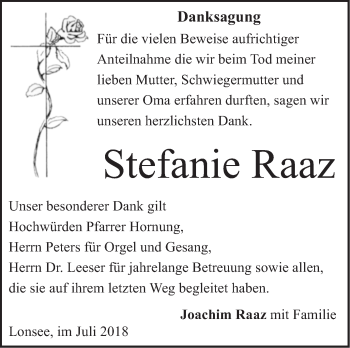 Traueranzeige von Stefanie Raaz von SÜDWEST PRESSE Ausgabe Ulm/Neu-Ulm