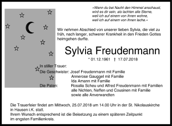 Traueranzeige von Sylvia Freudenmann von Hohenzollerische Zeitung