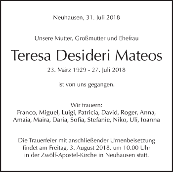 Traueranzeige von Teresa Desideri Mateos von Metzinger-Uracher Volksblatt