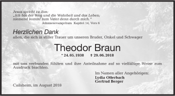 Traueranzeige von Theodor Braun von Hohenloher Tagblatt