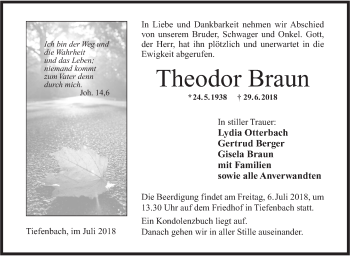 Traueranzeige von Theodor Braun von Hohenloher Tagblatt