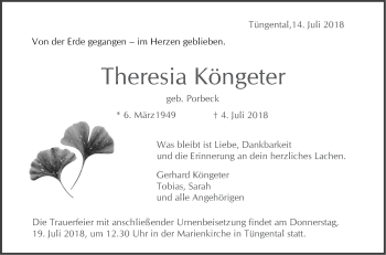 Traueranzeige von Theresia Köngeter von Haller Tagblatt