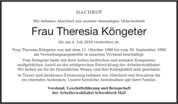 Traueranzeige von Theresia Köngeter von Haller Tagblatt