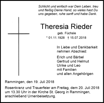 Traueranzeige von Theresia Rieder von SÜDWEST PRESSE Ausgabe Ulm/Neu-Ulm