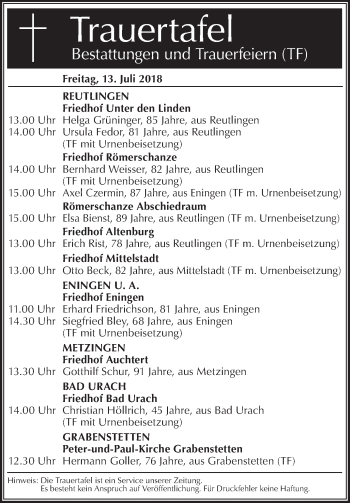 Traueranzeige von Totentafel vom 13.07.2018 von Metzinger-Uracher Volksblatt