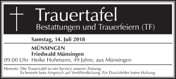 Traueranzeige von Totentafel vom 14.07.2018 von Metzinger-Uracher Volksblatt