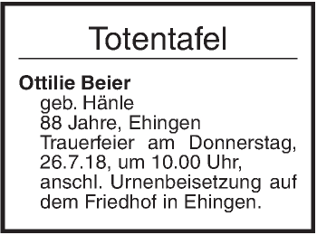 Traueranzeige von Totentafel vom 23.07.2018 von Ehinger Tagblatt