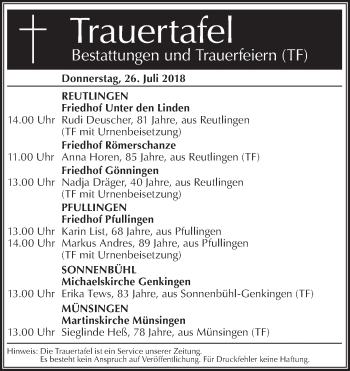 Traueranzeige von Totentafel vom 26.07.2018 von Metzinger-Uracher Volksblatt