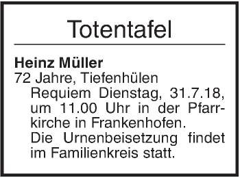 Traueranzeige von Totentafel vom 27.07.2018 von Ehinger Tagblatt