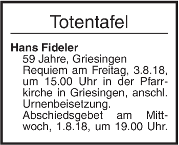 Traueranzeige von Totentafel vom 30.07.2018 von Ehinger Tagblatt