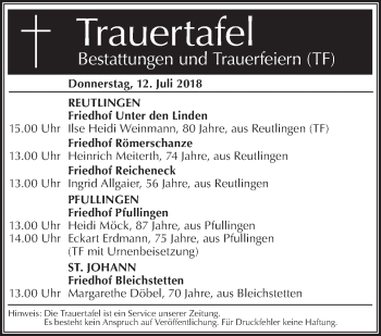 Traueranzeige von Trauertafel vom 12.07.2018 von Metzinger-Uracher Volksblatt