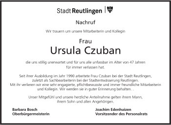 Traueranzeige von Ursula Czuban von Metzinger-Uracher Volksblatt