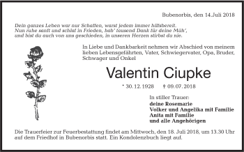 Traueranzeige von Valentin Ciupke von Haller Tagblatt