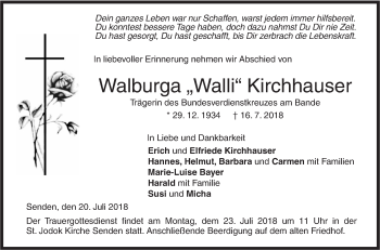 Traueranzeige von Walburga  Kirchhauser von SÜDWEST PRESSE Ausgabe Ulm/Neu-Ulm