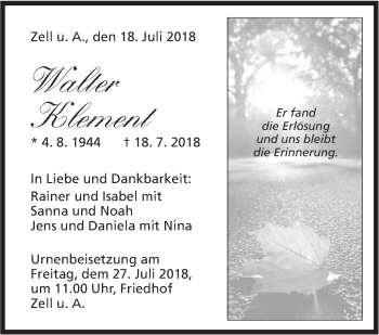 Traueranzeige von Walter Klement von NWZ Neue Württembergische Zeitung