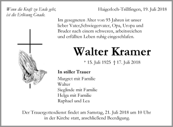 Traueranzeige von Walter Kramer von Hohenzollerische Zeitung