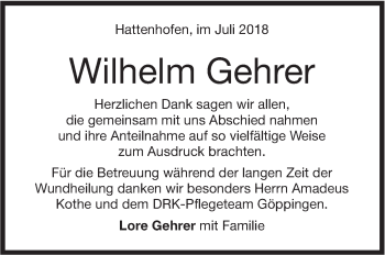 Traueranzeige von Wilhelm Gehrer von NWZ Neue Württembergische Zeitung