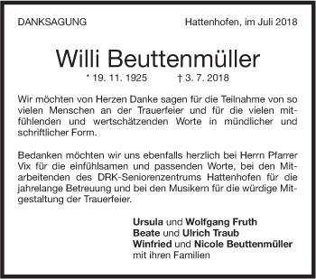 Traueranzeige von Willi Beuttenmüller von NWZ Neue Württembergische Zeitung