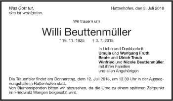 Traueranzeige von Willi Beuttenmüller von NWZ Neue Württembergische Zeitung