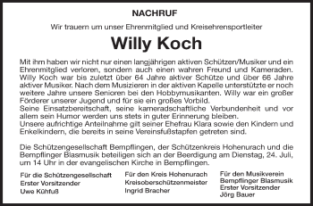 Traueranzeige von Willy Koch von Metzinger-Uracher Volksblatt