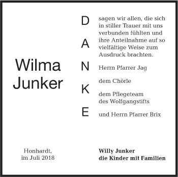 Traueranzeige von Wilma Junker von Hohenloher Tagblatt